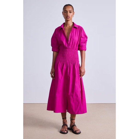 Apiece Apart Dresses & Skirts - Apiece Apart Smocked Shirt Dress NWT Sz S Fuchsia Midi Cotton Poplin Collared